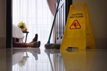 housemaid had accident at work while cleaning floor in hotel room. Side view, low angle