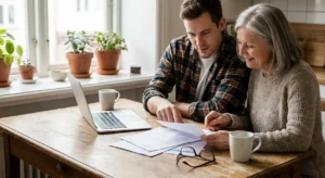 an adult child and their parent sitting together reviewing a will