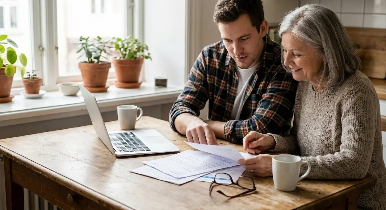 an adult child and their parent sitting together reviewing a will